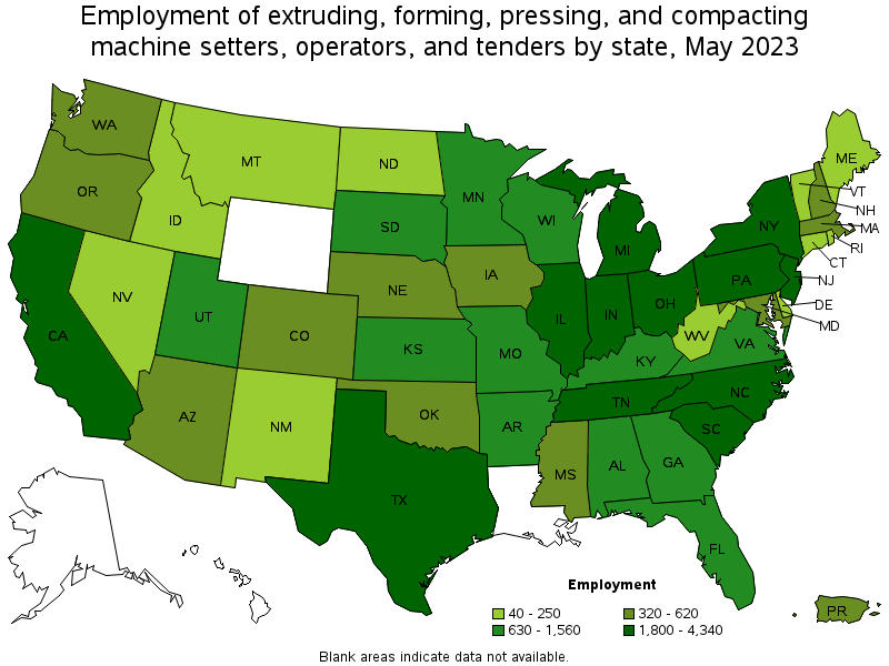 Map of employment of extruding, forming, pressing, and compacting machine setters, operators, and tenders by state, May 2023