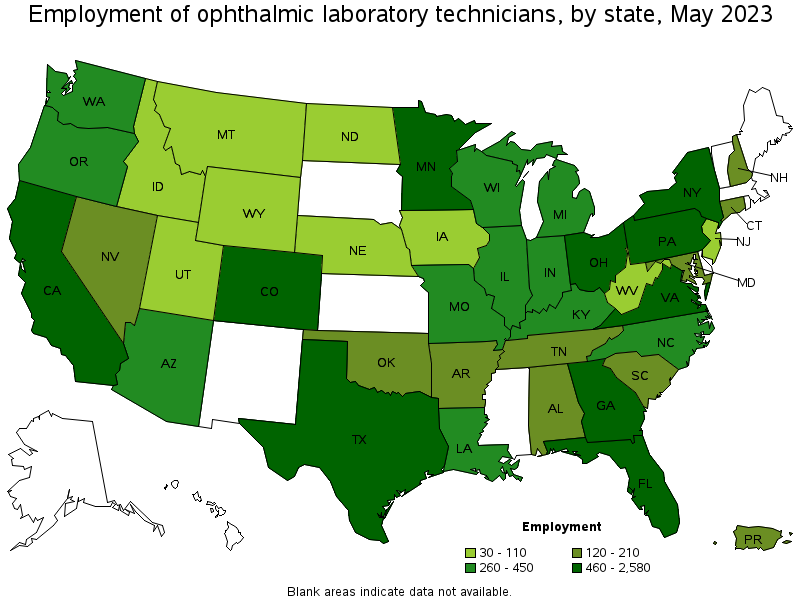 Map of employment of ophthalmic laboratory technicians by state, May 2023