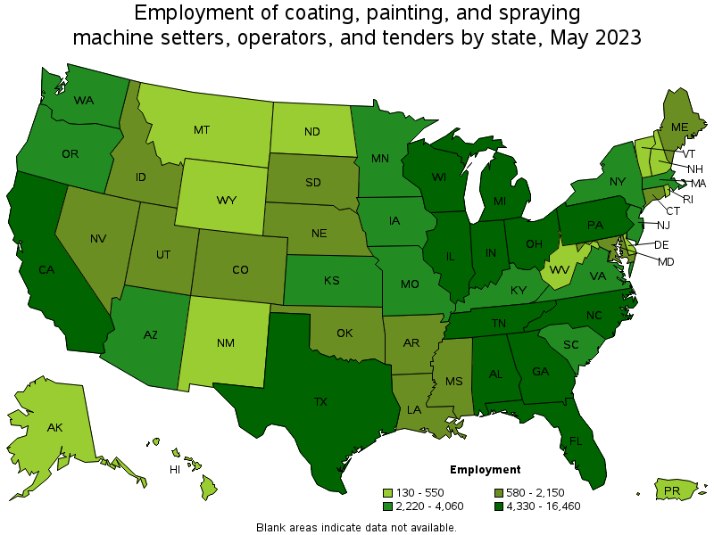 Map of employment of coating, painting, and spraying machine setters, operators, and tenders by state, May 2023