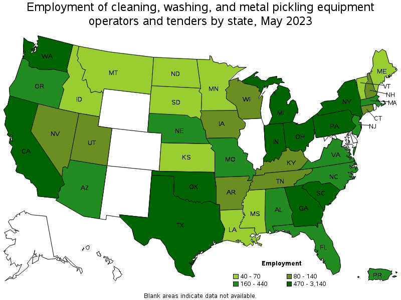 Map of employment of cleaning, washing, and metal pickling equipment operators and tenders by state, May 2023