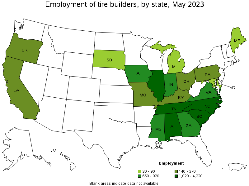 Map of employment of tire builders by state, May 2023