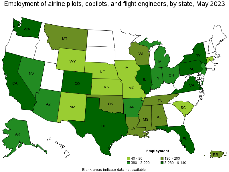 Map of employment of airline pilots, copilots, and flight engineers by state, May 2023