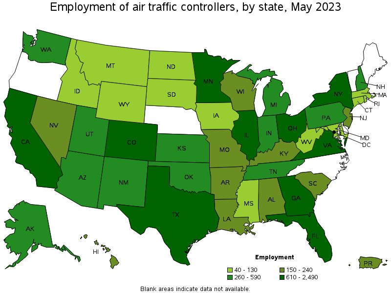 Map of employment of air traffic controllers by state, May 2023
