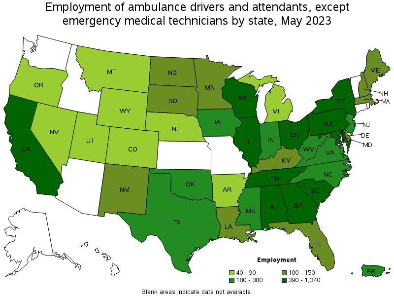 Map of employment of ambulance drivers and attendants, except emergency medical technicians by state, May 2023