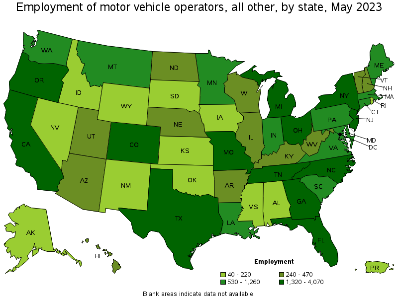 Map of employment of motor vehicle operators, all other by state, May 2023