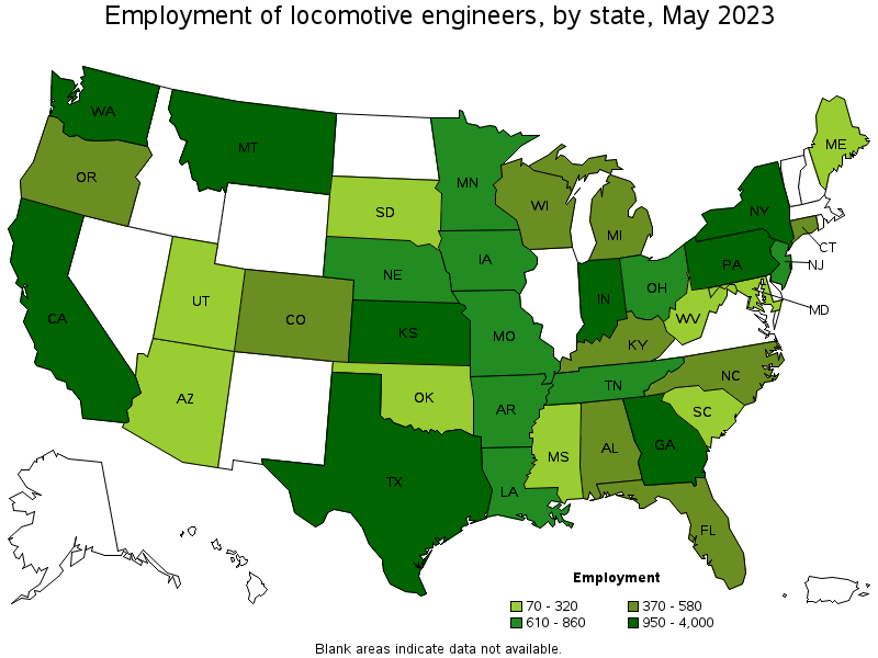 Map of employment of locomotive engineers by state, May 2023