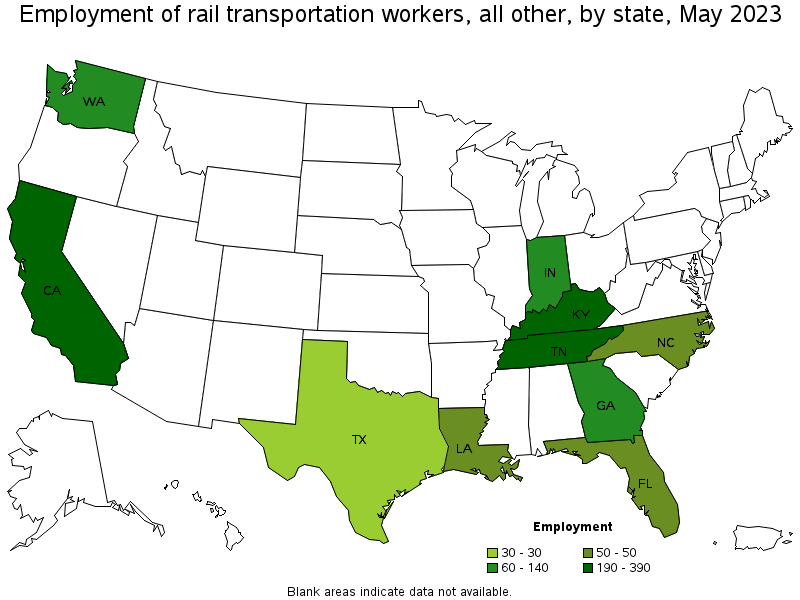 Map of employment of rail transportation workers, all other by state, May 2023