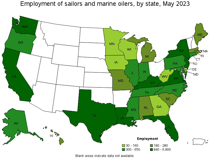 Map of employment of sailors and marine oilers by state, May 2023