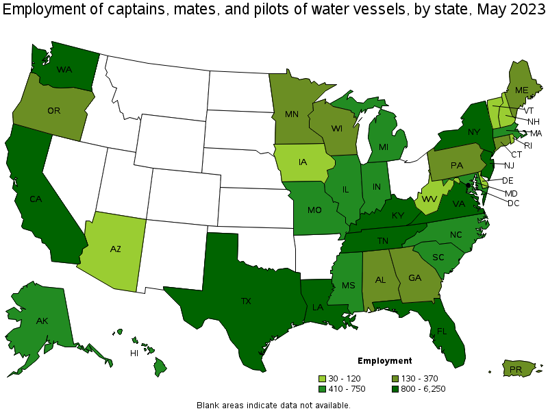 Map of employment of captains, mates, and pilots of water vessels by state, May 2023