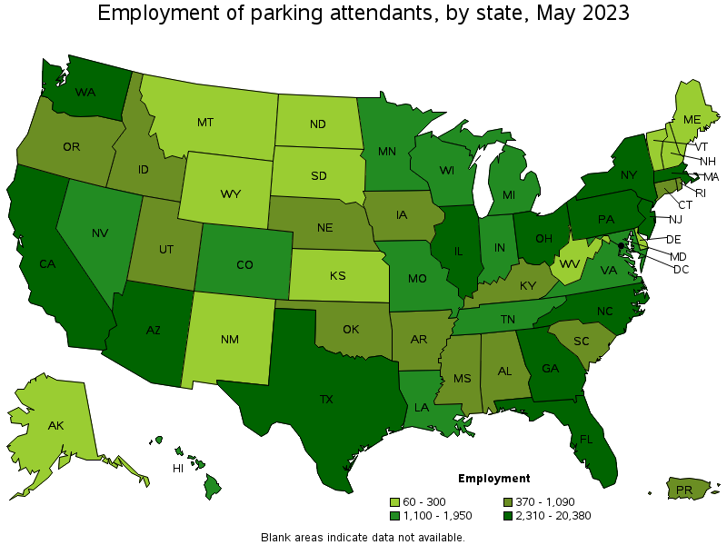 Map of employment of parking attendants by state, May 2023