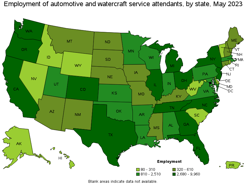 Map of employment of automotive and watercraft service attendants by state, May 2023