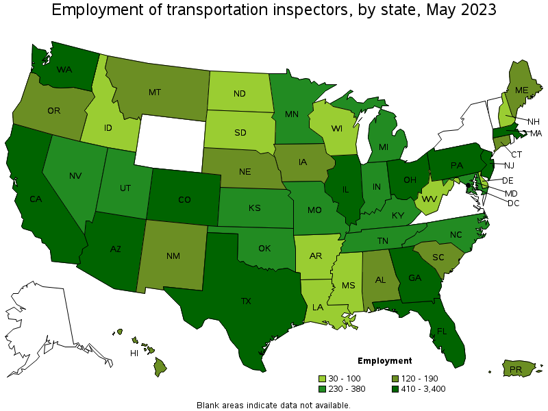 Map of employment of transportation inspectors by state, May 2023