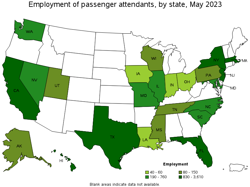 Map of employment of passenger attendants by state, May 2023