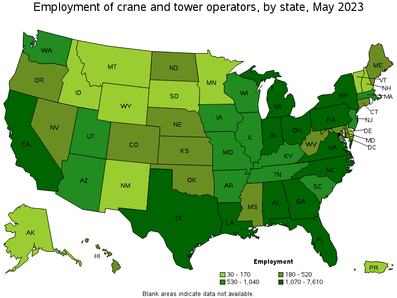 Map of employment of crane and tower operators by state, May 2023