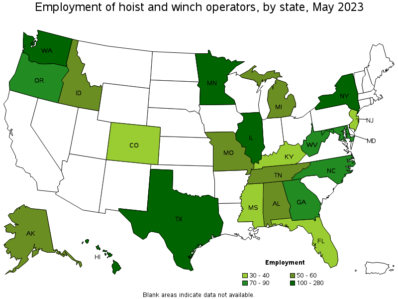 Map of employment of hoist and winch operators by state, May 2023