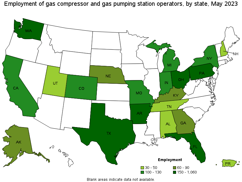 Map of employment of gas compressor and gas pumping station operators by state, May 2023