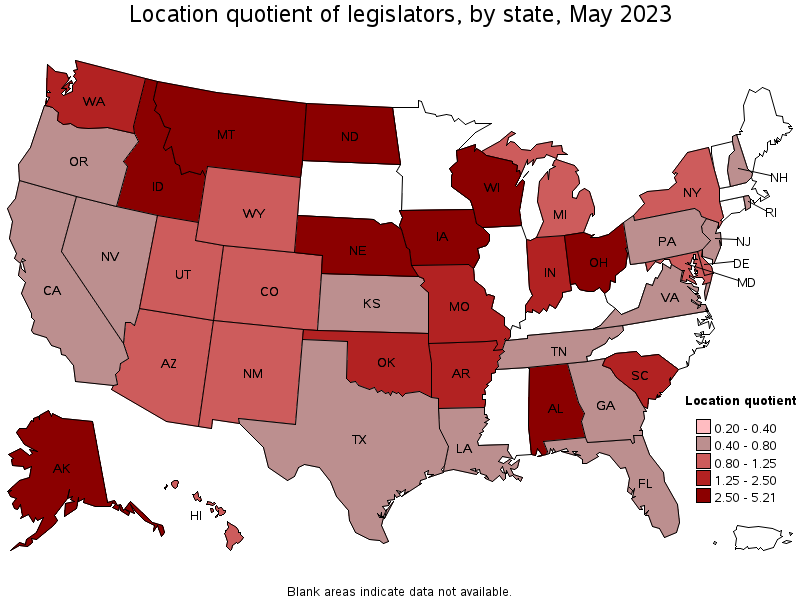 Map of location quotient of legislators by state, May 2023