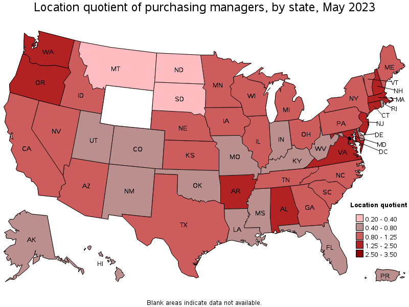 Map of location quotient of purchasing managers by state, May 2023