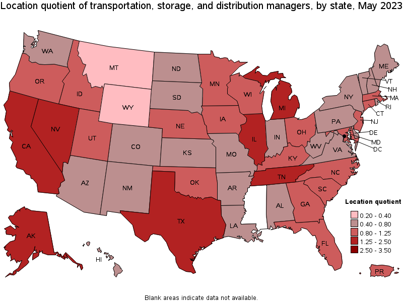 Map of location quotient of transportation, storage, and distribution managers by state, May 2023