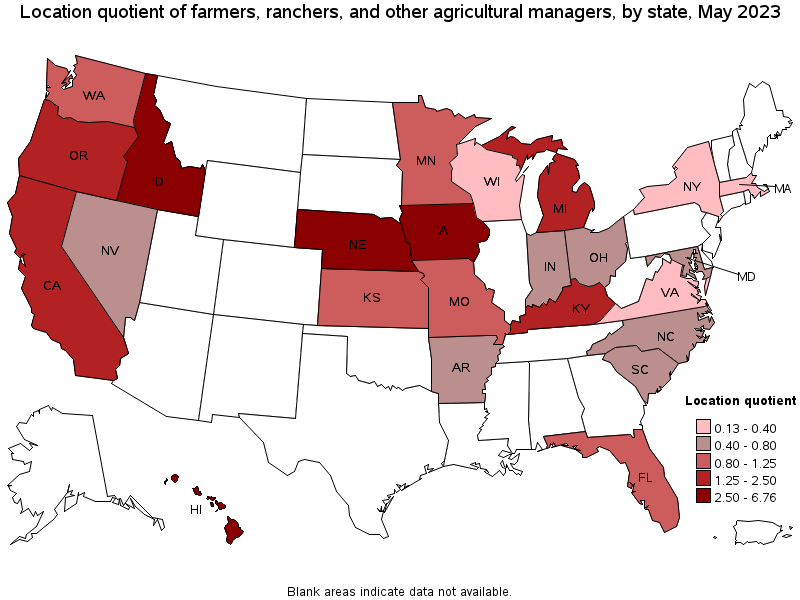 Map of location quotient of farmers, ranchers, and other agricultural managers by state, May 2023