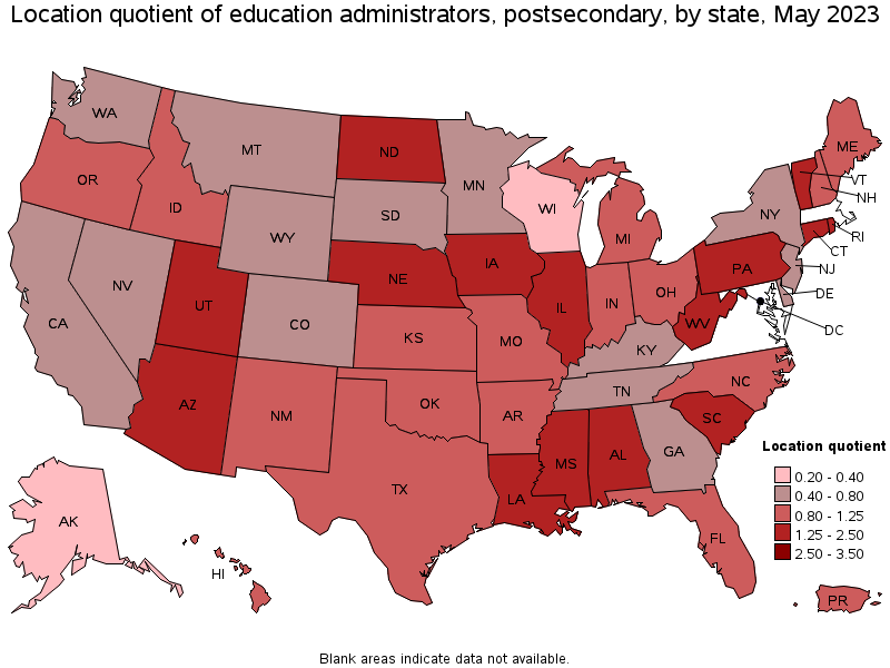 Map of location quotient of education administrators, postsecondary by state, May 2023