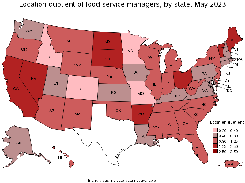 Map of location quotient of food service managers by state, May 2023