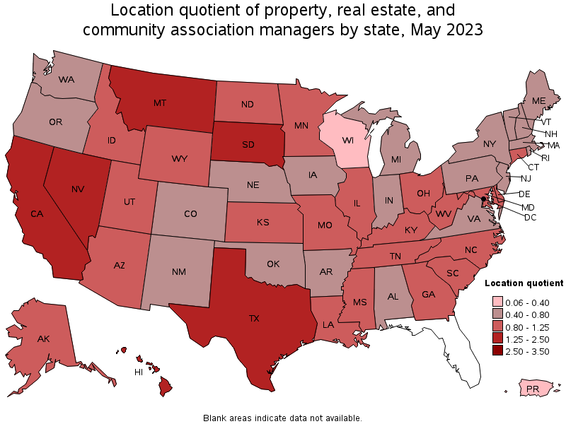 Map of location quotient of property, real estate, and community association managers by state, May 2023