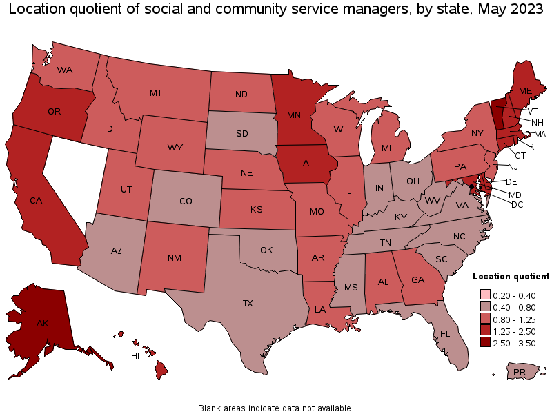 Map of location quotient of social and community service managers by state, May 2023