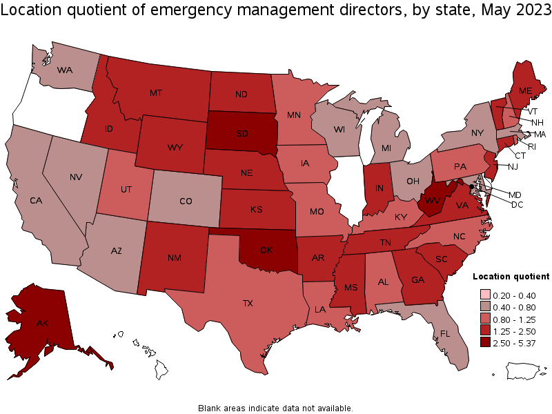 Map of location quotient of emergency management directors by state, May 2023