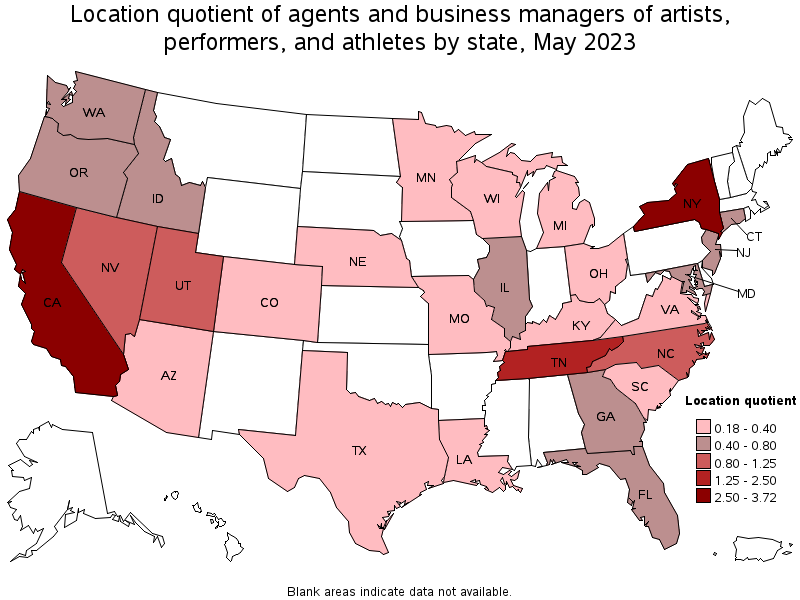 Map of location quotient of agents and business managers of artists, performers, and athletes by state, May 2023
