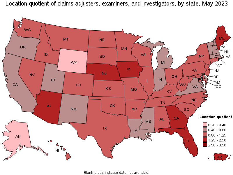 Map of location quotient of claims adjusters, examiners, and investigators by state, May 2023