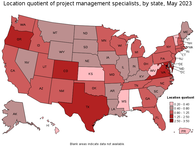 Map of location quotient of project management specialists by state, May 2023