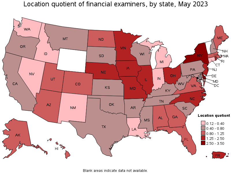 Map of location quotient of financial examiners by state, May 2023