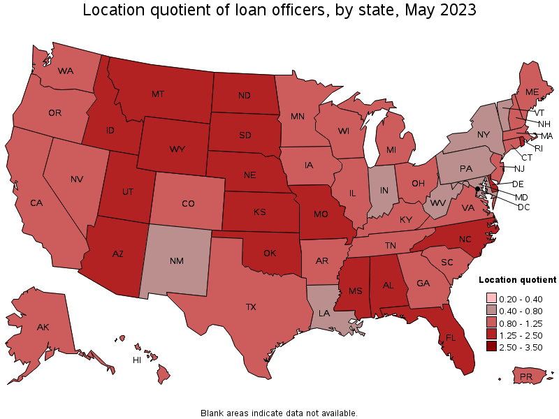 Map of location quotient of loan officers by state, May 2023