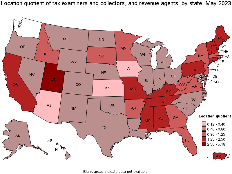 Map of location quotient of tax examiners and collectors, and revenue agents by state, May 2023