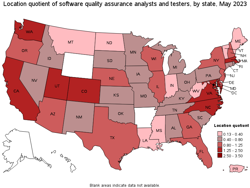 Map of location quotient of software quality assurance analysts and testers by state, May 2023