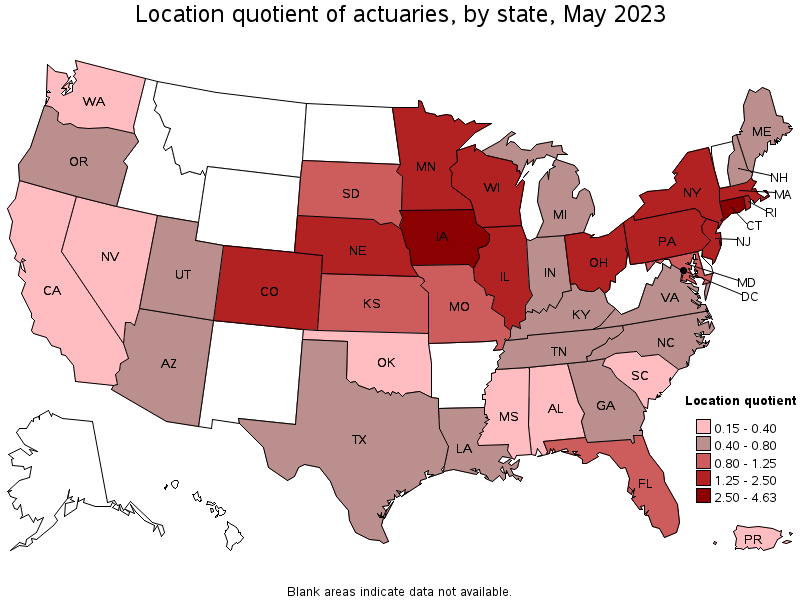Map of location quotient of actuaries by state, May 2023