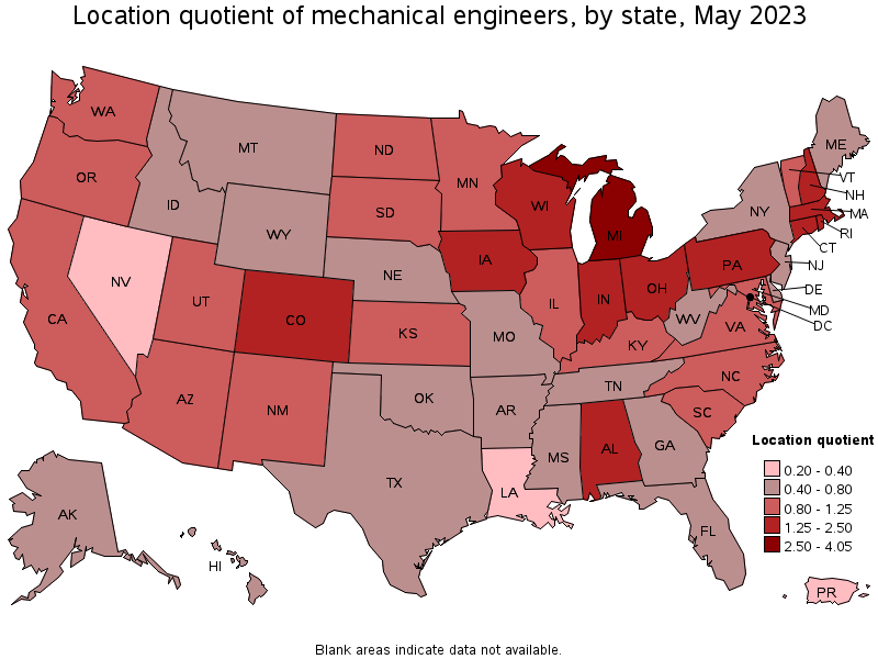 Map of location quotient of mechanical engineers by state, May 2023