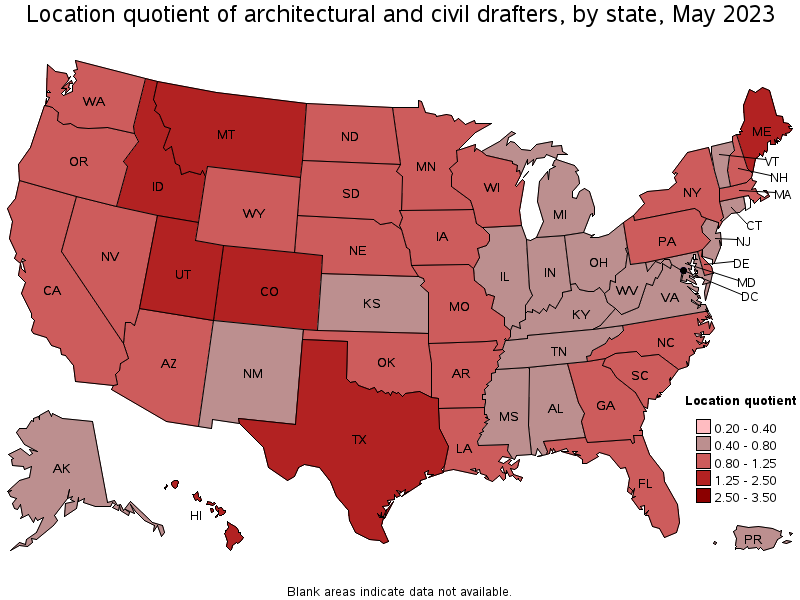 Map of location quotient of architectural and civil drafters by state, May 2023