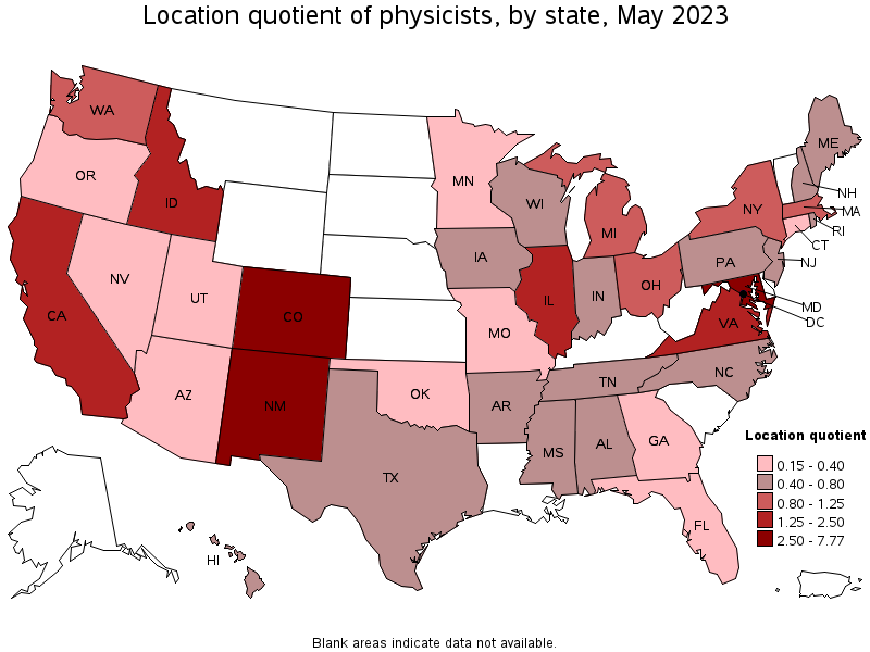 Map of location quotient of physicists by state, May 2023