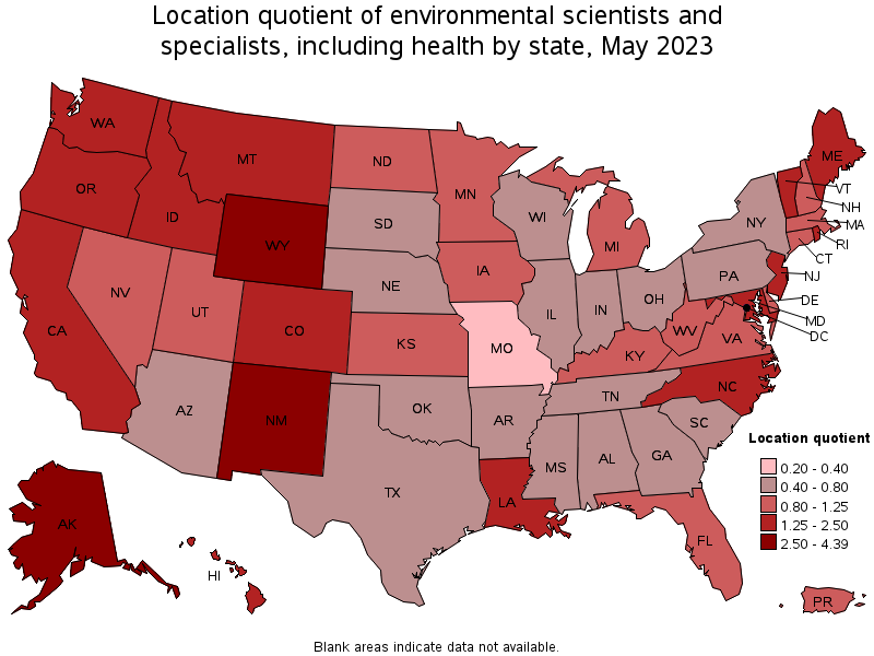Map of location quotient of environmental scientists and specialists, including health by state, May 2023