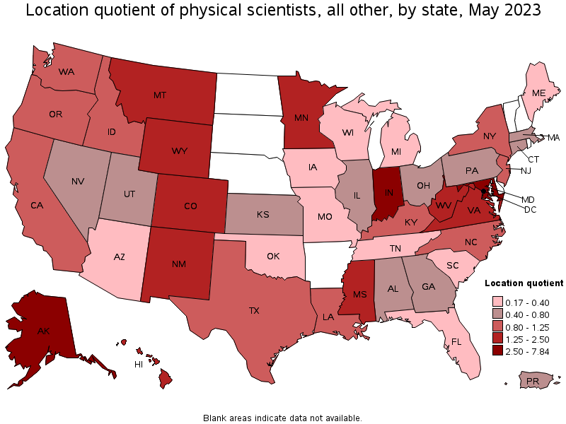 Map of location quotient of physical scientists, all other by state, May 2023