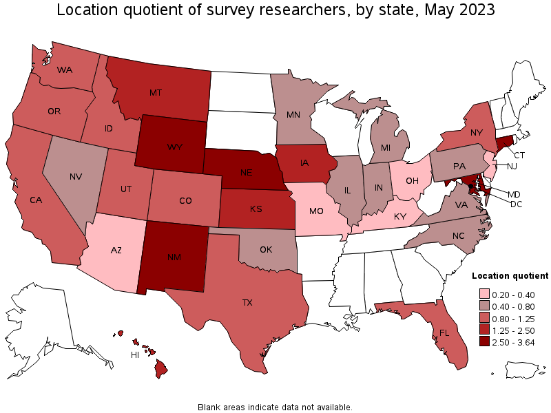 Map of location quotient of survey researchers by state, May 2023