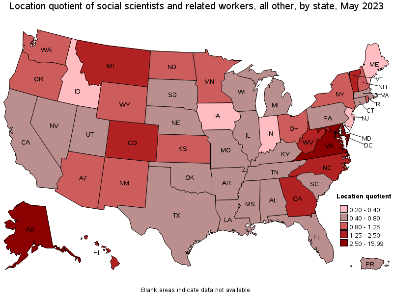 Map of location quotient of social scientists and related workers, all other by state, May 2023