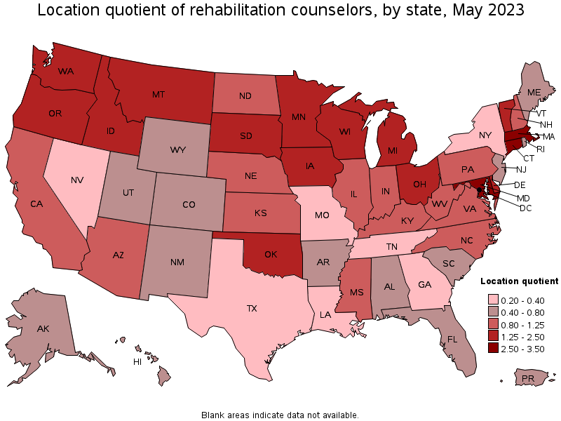 Map of location quotient of rehabilitation counselors by state, May 2023