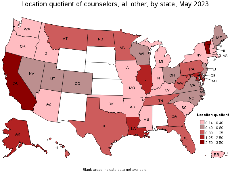 Map of location quotient of counselors, all other by state, May 2023