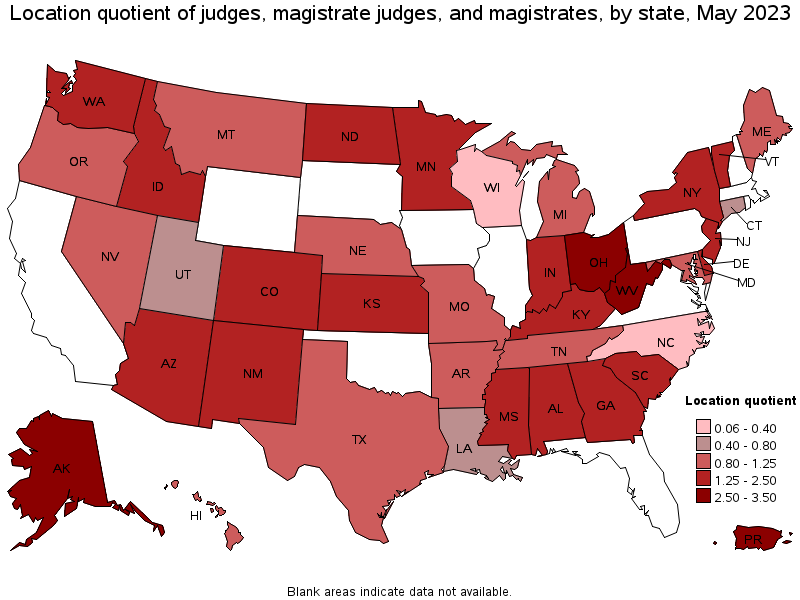 Map of location quotient of judges, magistrate judges, and magistrates by state, May 2023