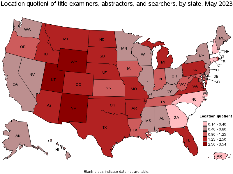 Map of location quotient of title examiners, abstractors, and searchers by state, May 2023