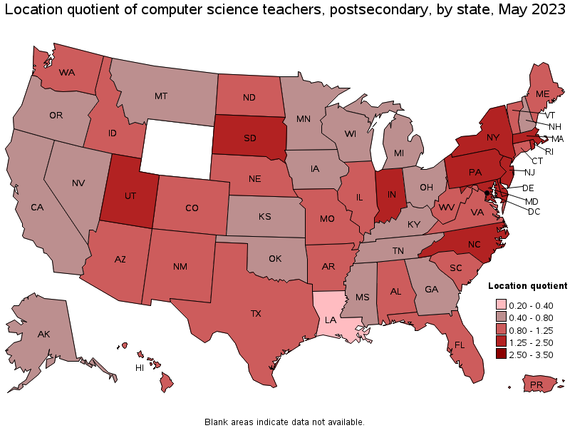 Map of location quotient of computer science teachers, postsecondary by state, May 2023