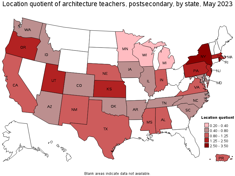 Map of location quotient of architecture teachers, postsecondary by state, May 2023
